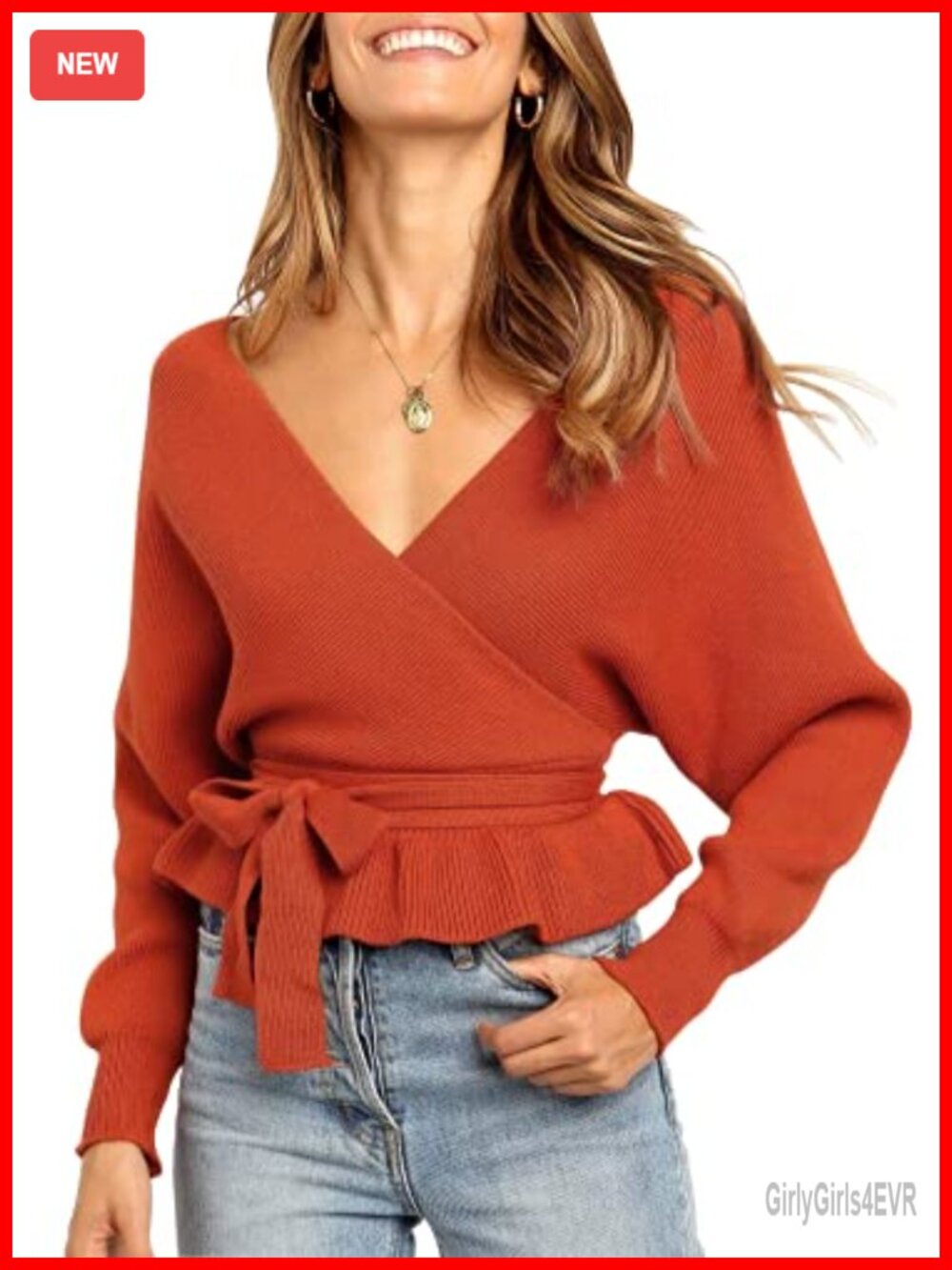 Wrap V Neck Belted Ruffle Sweater Top Batwing Sleeve Pullover